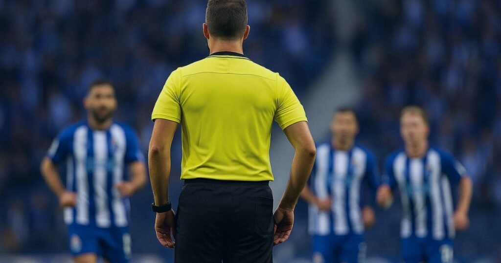 Árbitro de costas no Estádio do Dragão com jogadores do FC Porto desfocados ao fundo