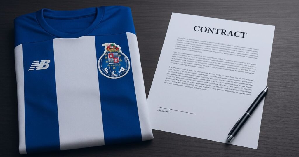 Camisola do FC Porto dobrada ao lado de um contrato por assinar.