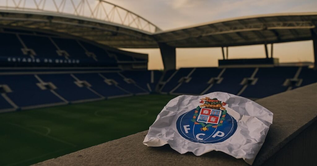 Estádio do Dragão com um emblema do FC Porto amarrotado em primeiro plano.