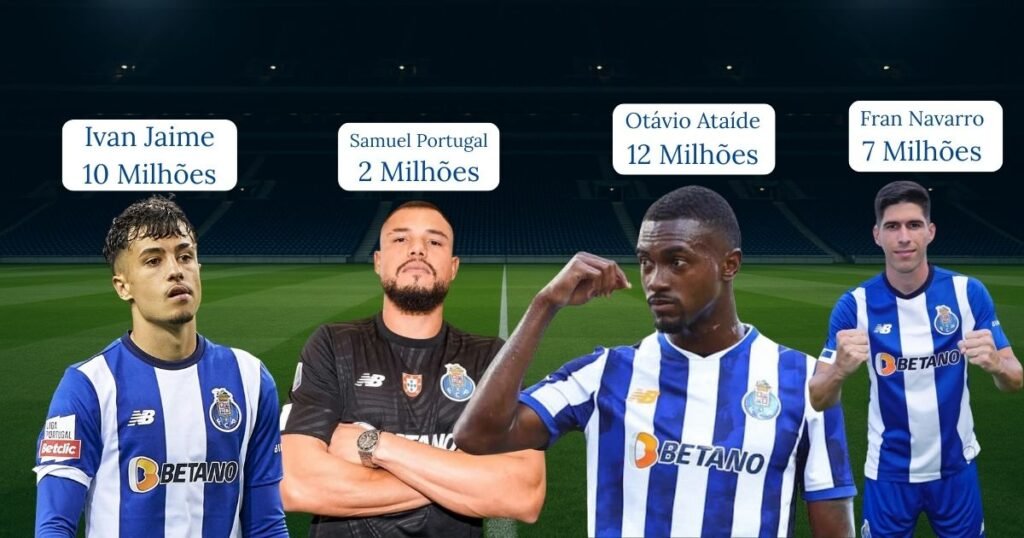 Jogadores do FC Porto com valores de contratação: Ivan Jaime, Samuel Portugal, Otávio Ataíde e Fran Navarro, apresentados no Estádio do Dragão.