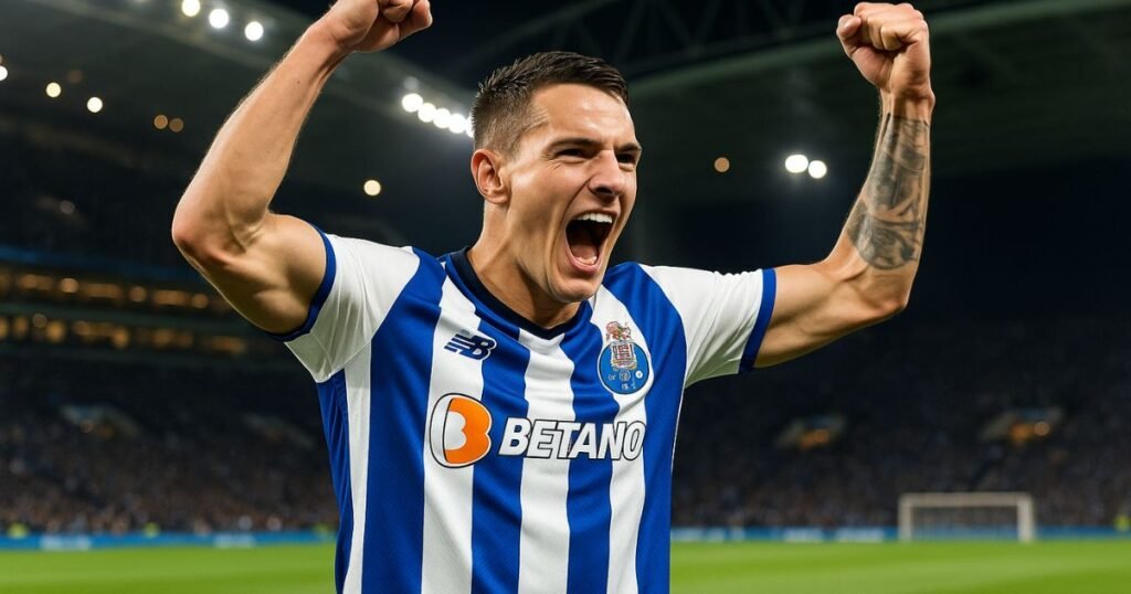 Jakub Kiwior celebra com a camisola oficial do FC Porto no Estádio do Dragão