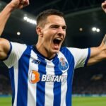 Jakub Kiwior celebra com a camisola oficial do FC Porto no Estádio do Dragão