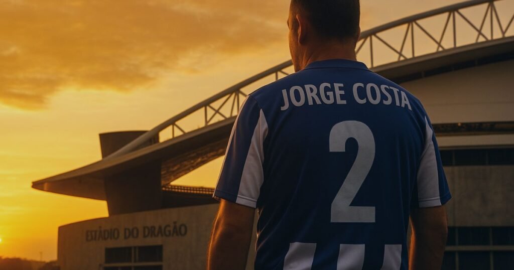 Camisola de Jorge Costa FC Porto nº 2 diante do Estádio do Dragão ao pôr-do-sol.