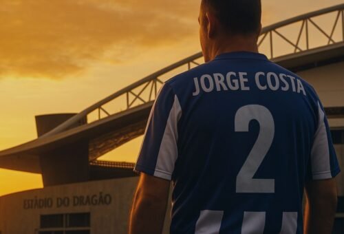 Camisola de Jorge Costa FC Porto nº 2 diante do Estádio do Dragão ao pôr-do-sol.