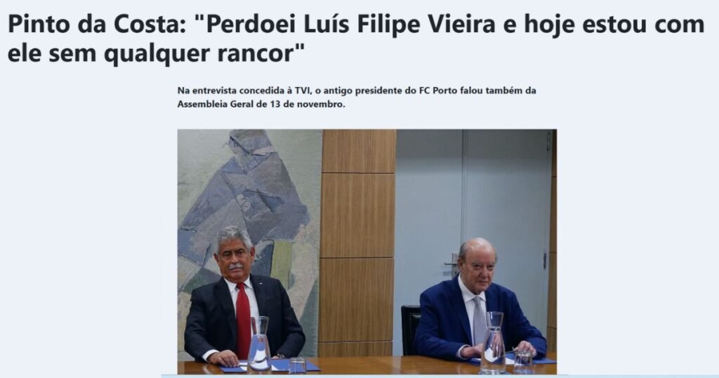 Pinto da Costa e Luís Filipe Vieira sentados lado a lado durante um encontro oficial