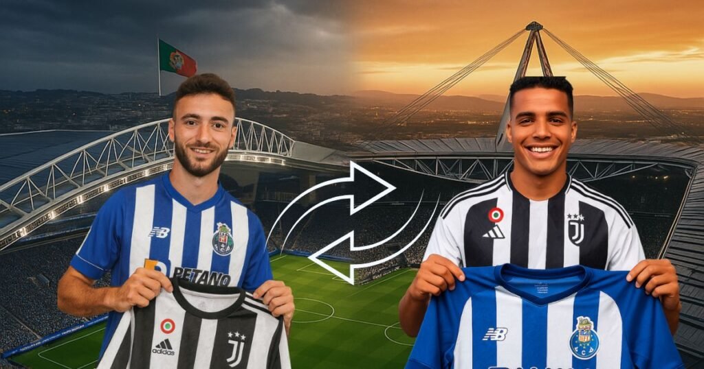 João Mário e Alberto Costa em troca entre FC Porto e Juventus, com estádios de fundo