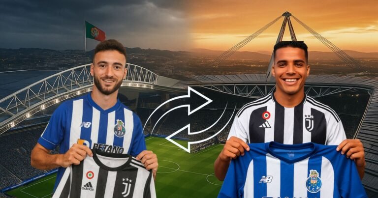 João Mário e Alberto Costa em troca entre FC Porto e Juventus, com estádios de fundo