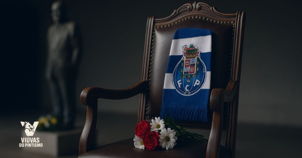 Torcedores do FC Porto em homenagem sombria, simbolizando as 'viúvas do pintismo' presas ao passado em vez do clube.
